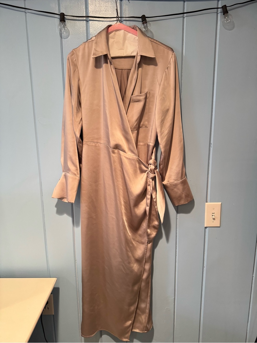 Satin Wrap Midi Dress in Taupe